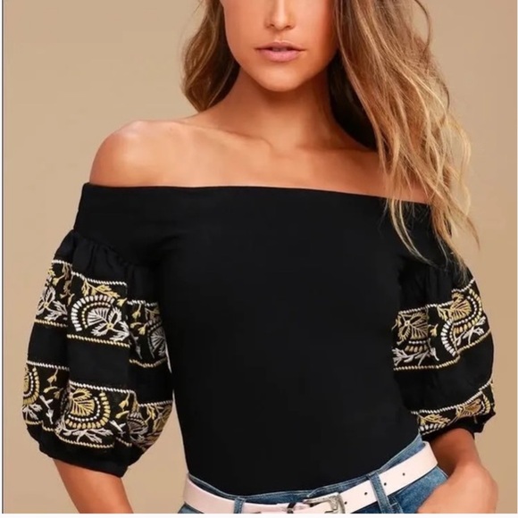 Free People Tops - Free People Rock With It Black Embroidered Sleeves Off Shoulder Top Sz S